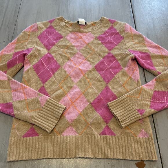 J Crew Tan Pink Argyle Sweater Women’s Sz S Merino Wool Angora Academia Preppy - Picture 1 of 7